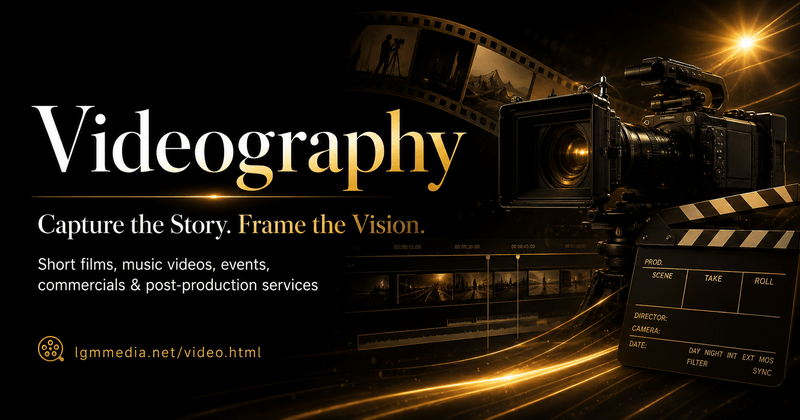 LGM videography artwork with a camera, film strip, and editing timeline